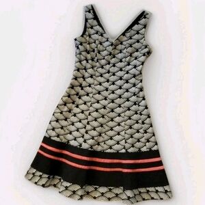 Nine West Dress Japanese Seigaiha Wave Pattern Blk+Wht+Red Sz 2 4 Sleeveless